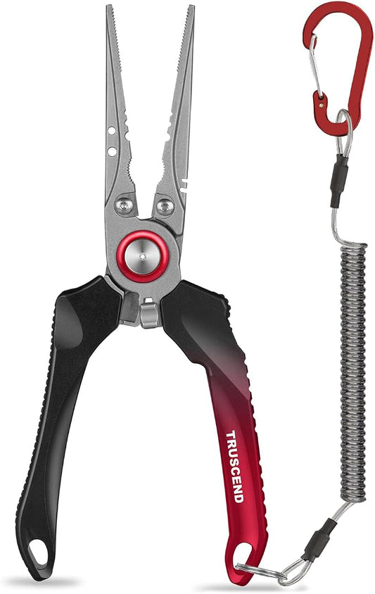 TRUSCEND Easy Use Lockable Fishing Pliers with Tungsten Carbide Cutter, Innovative Ergonomic Handy Handle, Saltwater Corrosion Resistant Teflon Coated Fishing Tool, Light Multi-Function Fishing Gear