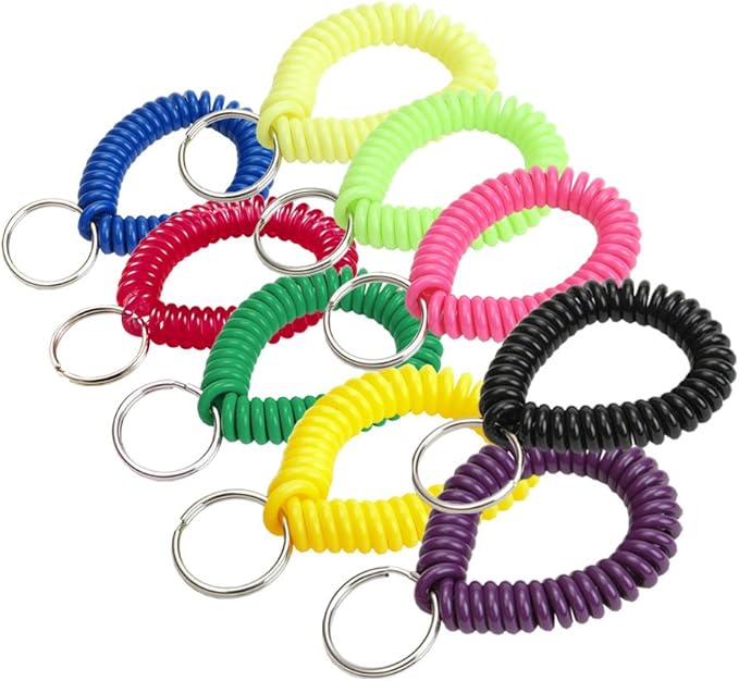 Lucky Line 2” Spiral Wrist Coil with Steel Key Ring, Flexible Wrist Band Key Chain Bracelet, Stretches to 12”, 10 PK, Assorted Colors (410100)