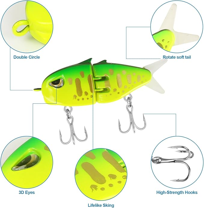 Popper Top Water Fishing Lure: Whopper Fishing Lures with Floating Rotating Tail Barb Treble Hooks Saltwater Freshwater for Bass
