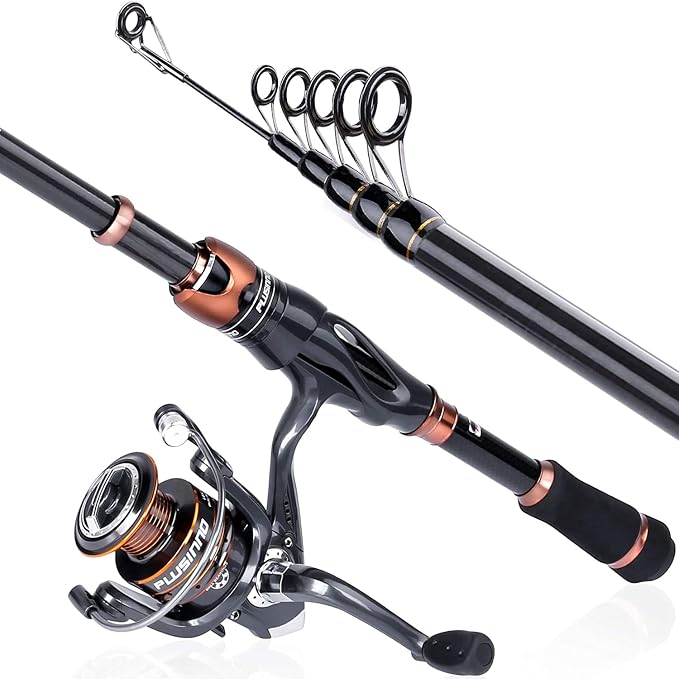 PLUSINNO Fishing Rod and Reel Combos, Bronze Warrior Toray IM6 Carbon Matrix Telescopic Fishing Rod Pole, 12 +1 Shielded Bearings Stainless Steel BB Spinning Reel, Travel Freshwater Fishing Gear