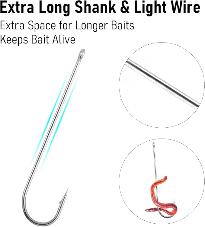 Dr.Fish 100 Pack Aberdeen Hooks Freshwater Fishing Hooks, Extra Long Shank Light Wire, Crappie/Bass/Bream/Bluegill/Panfish Fishing