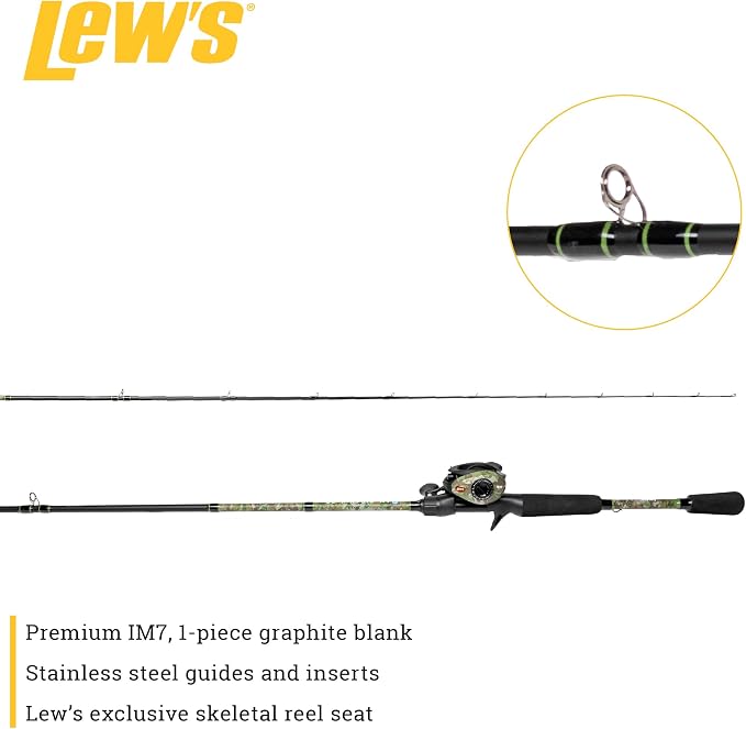 Lew's American Hero Camo Baitcast Reel and Fishing Rod Combo, 7-Foot 1-Piece Medium-Heavy Power IM7 Graphite Rod, 7.5:1 Gear Ratio, One-Piece Graphite Frame, Right-Hand Retrieve, Camo/Black