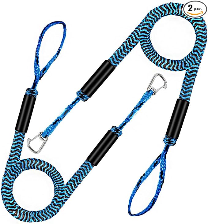 4-5.5ft, Bungee Dock Line with Stainless Steel Clip Safe Boat Rope Mooring String with Foam Float for Pontoon, Boat Accessories, Sea Doo,2 Pack (Blue&Black)