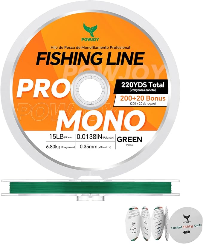 Pro Monofilament Fishing Line with Knot Instruction Cards for Multi Purpose Cost Effective, Strong Yet Thin Nylon String for Big Fishes, Tangle-Free & UV Resistant, 15/20/30/50/80LB