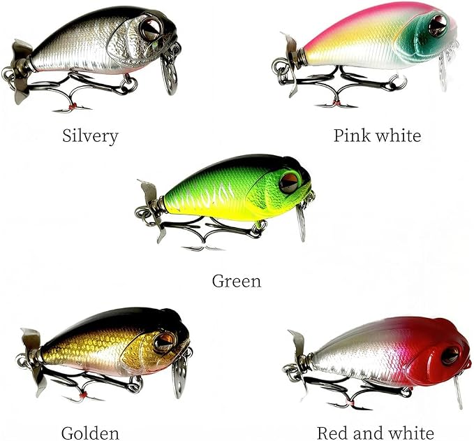 Top Water Fishing Lures with Metal Bubble Baffle & Tail Propeller - Saltwater & Freshwater Bass Trout Lures - 3D Eyes & Lifelike Scales - ABS Body