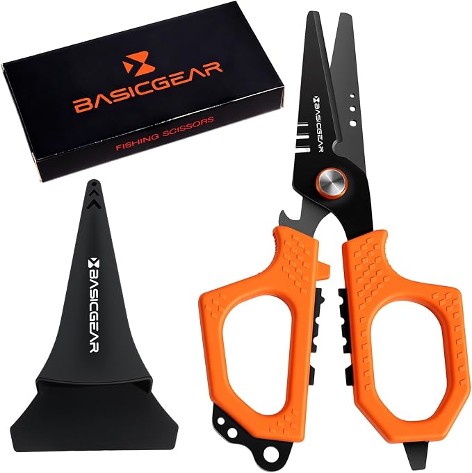 BasicGear Fishing Multi-Tool Scissors – Titanium-Coated, Stainless Steel, Multi-Tool Cutter with Hook Adjuster, Screwdriver, Bottle Opener, Sheath & Non-Slip Grip for Saltwater or Freshwater Use