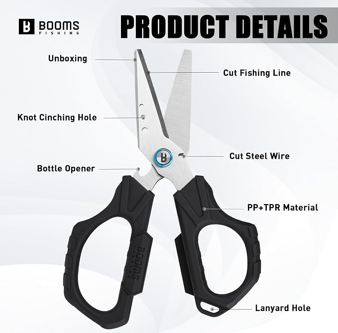 Booms Fishing Braided Line Cutter: 6.3in Multifunction Fishing Scissors with Retractor - Fishing Shears with Serrated Blades and Side Wire Cutter, S04