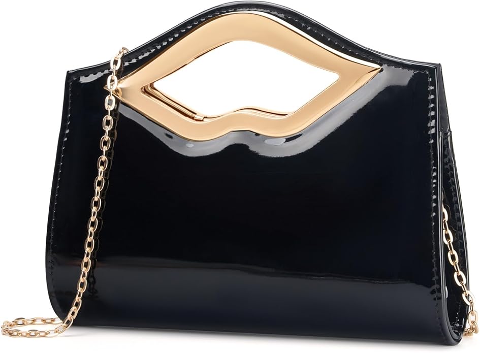 DETARA Patent Leather Evening Clutch Purse for Women Lip Metal Grip Handle Handbag for Cocktail Party Prom