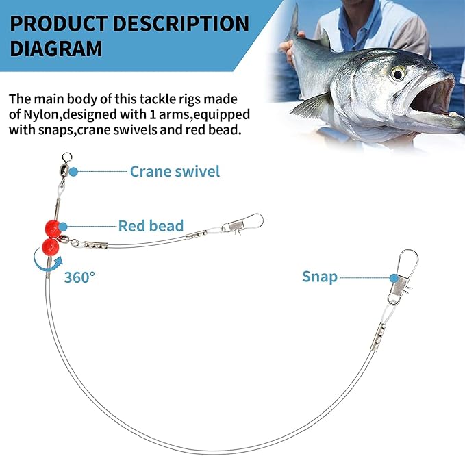 YOTO Fishing Leaders,Saltwater Tackle Rig with Swivels Snap, High-Strength Fishing Wire Gear Equipment for Lures Bait Or Hooks,1Arm and 2Arm