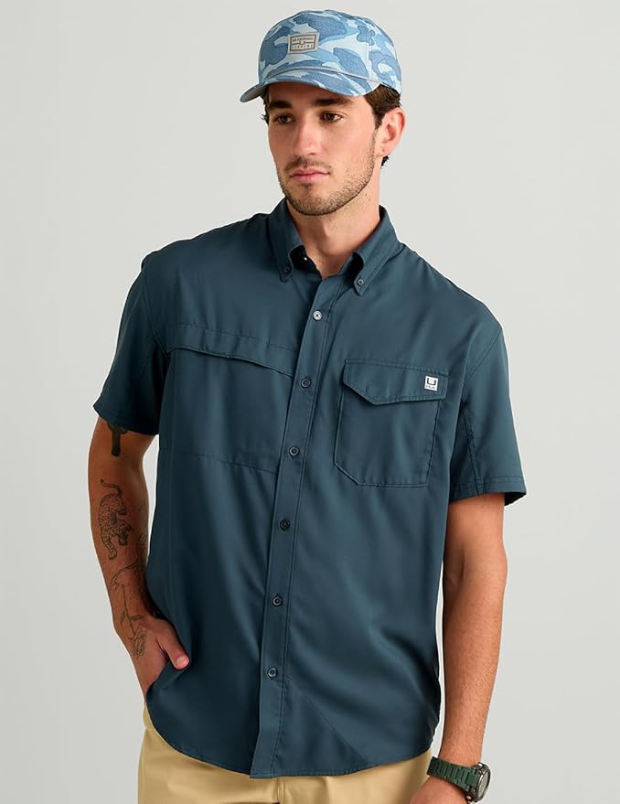 HUK Men's Tide Point Kc Scott Original Artwork Short Sleeve Shirt, Fishing Button Down