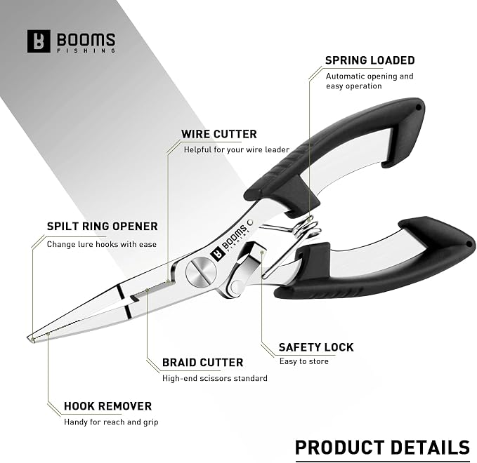Booms Fishing H01 Small Fishing Pliers Scissors Braid Cutters Stainless Steel Fishing Tools Split Ring Pliers Hook Remover