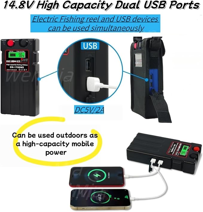 Electric Fishing Reel Battery 14.8V 14000mAh IP68 Waterproof Dual USB for Shimano Daiwa Deep Sea Reels