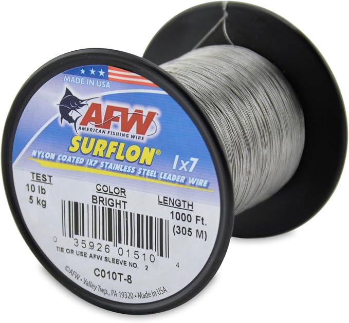 American Fishing Wire Surflon Nylon Coated 1x7 Stainless Steel Wire Leader - Wire Fishing Leader Line for Saltwater 10lb Up To 250lb Test in Bright, Black, Camo in 30ft, 100ft, 300ft, & 1000ft Lengths