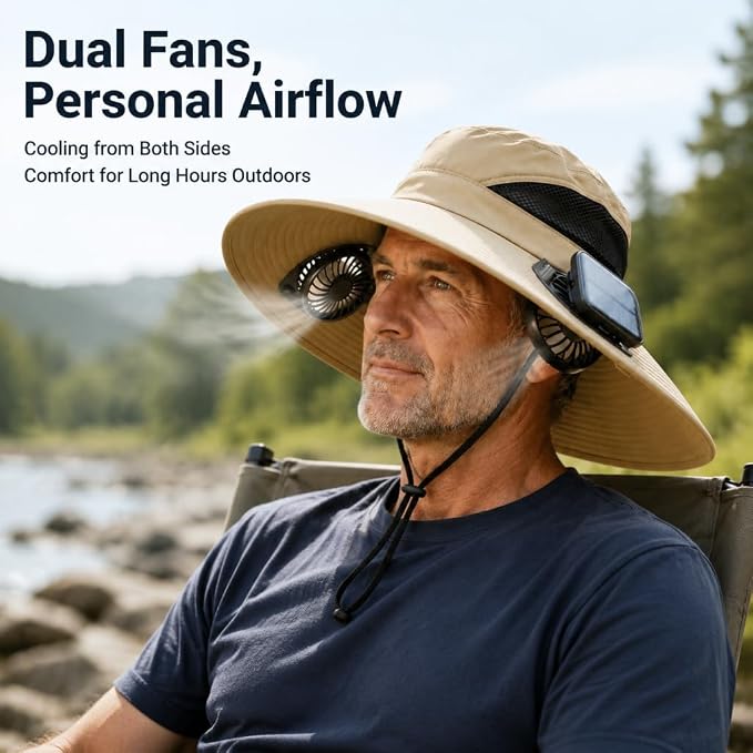 Solar Fan Fishing Hat 2 Fans – UPF 50+ UV Protection, Adjustable Bucket Hat for Outdoor
