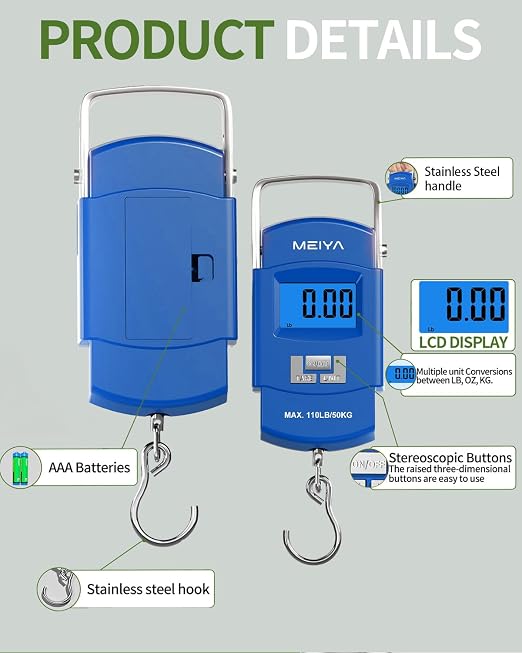 MEIYA Fish Scale 110lb Portable Luggage Scale Travel Digital Hanging Scale with Hook, Fishing Gifts for Men, Weighing Tool for Suitcases & Fish, Includes 2 AAA Batteries, Backlit LCD Display (Blue)