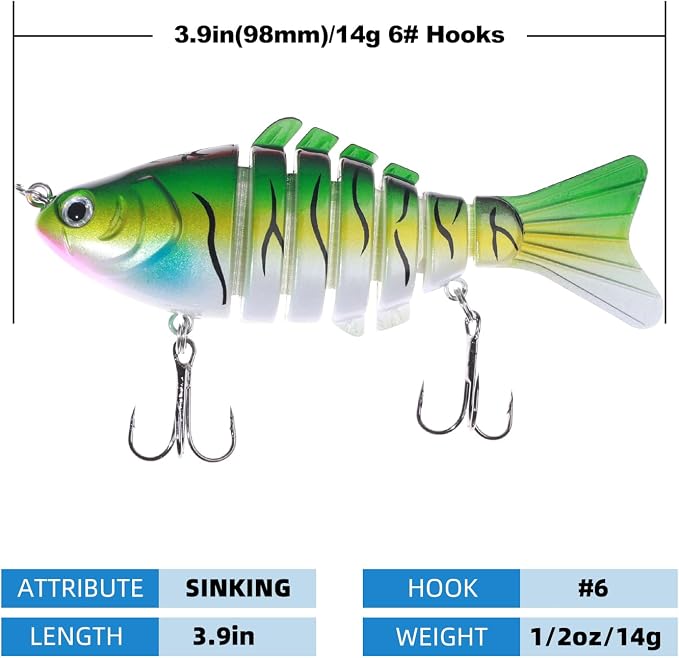 Bass Fishing Lures, Jointed Swimbait Glide Bait for Bass, Trout & Pike – Lifelike Fishing Lure with 3D Eyes, Built-in Rattle Chamber, Triple Hook – Realistic Fishing Lures for Freshwater & Saltwater