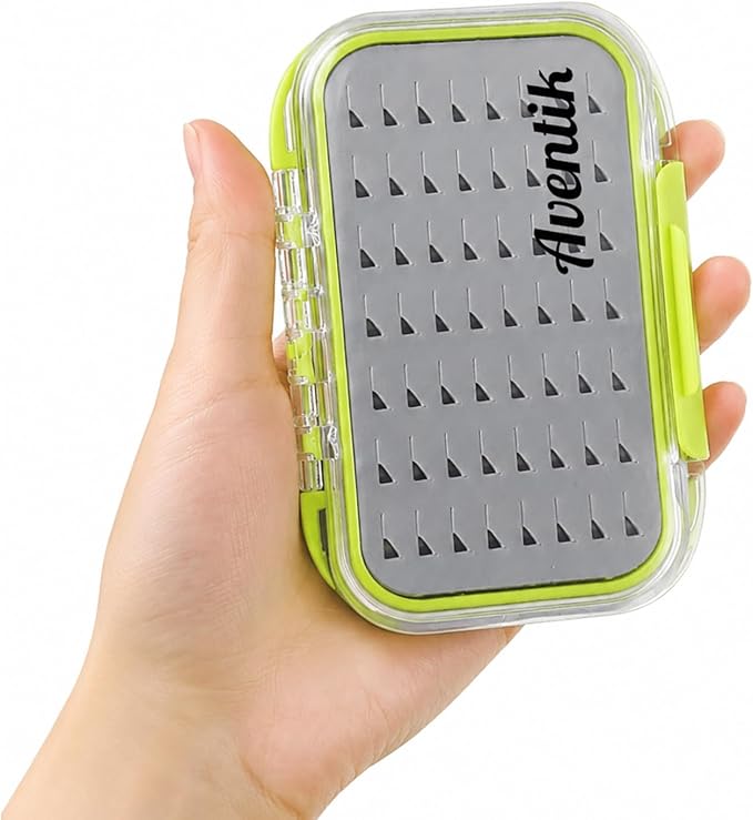 Aventik Waterproof Clear Fly Box Double Sides Floating Lightweight Fly Fishing Case Large Capacity Grip Foam Nymph Wet Dry Flies Lure Box(H18 Green, SIZE B:6.08X4X1.6inch)