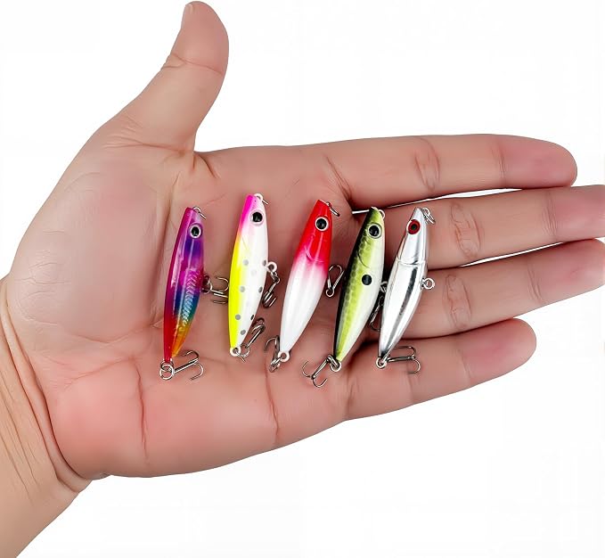 3D Lifelike Fishing Lures with Zigzag Action – Topwater Hard Bait Jigs for Bass, Trout, Walleye, Pike, Salmon – 5 Pc, High Carbon Steel Treble Hooks, Fresh/Saltwater