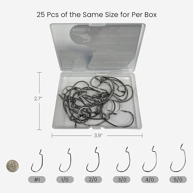 Pristis 25 Pack High Carbon Steel Fishing Hooks, Reinforced EWG Circle Octopus Round Bend 60 Degree Wide Gap Strong Barbed Worm Fish Hook Jig Bait Rig for Saltwater Freshwater Bass Tuna Walleye Trout