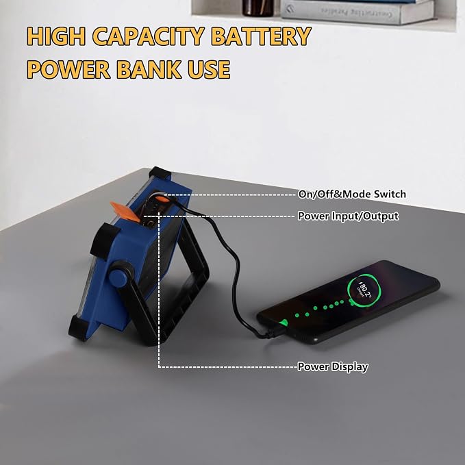 120W Solar Rechargeable Work Light, 144 LED Portable Flood Light with Stand, IP66 Waterproof 4 Modes LED Job Site Lighting Flashlights for Mechanic Camping Fishing Car Repair(Blue 1 Pack)