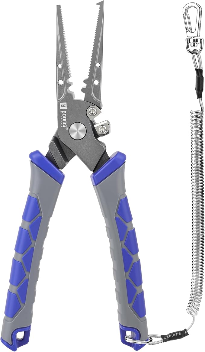 Booms Fishing Pliers Hook Remover: 7.5" Split Ring Pliers and Fish Hook Remover for Saltwater and Freshwater - Braid Line Cutter & Crimper with Lanyard - XW15 Multi-Function Fishing Tool for Angles