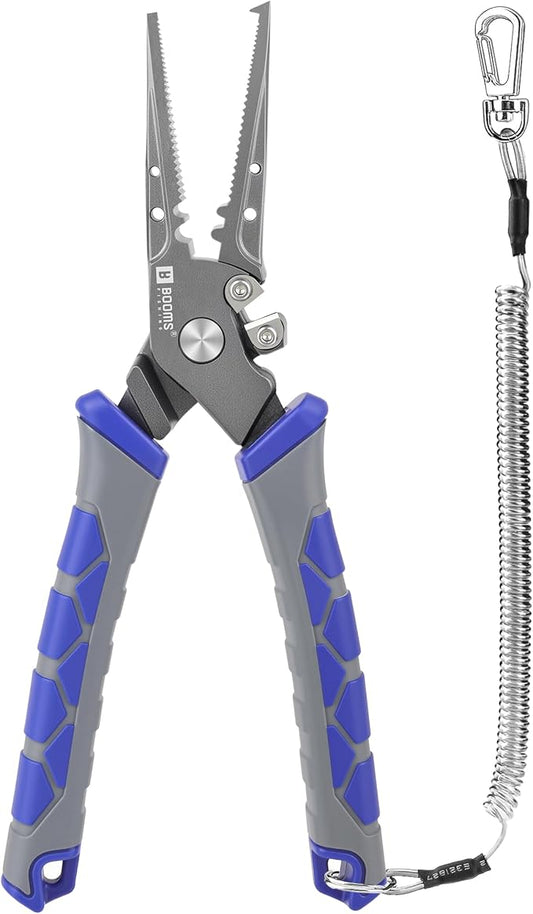Booms Fishing Pliers Hook Remover: 7.5" Split Ring Pliers and Fish Hook Remover for Saltwater and Freshwater - Braid Line Cutter & Crimper with Lanyard - XW15 Multi-Function Fishing Tool for Angles