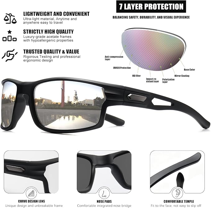 Polarized Sports Sunglasses for Men UV400 Protection, Lightweight Wrap Around Sun Glasses for Fishing Cycling Running
