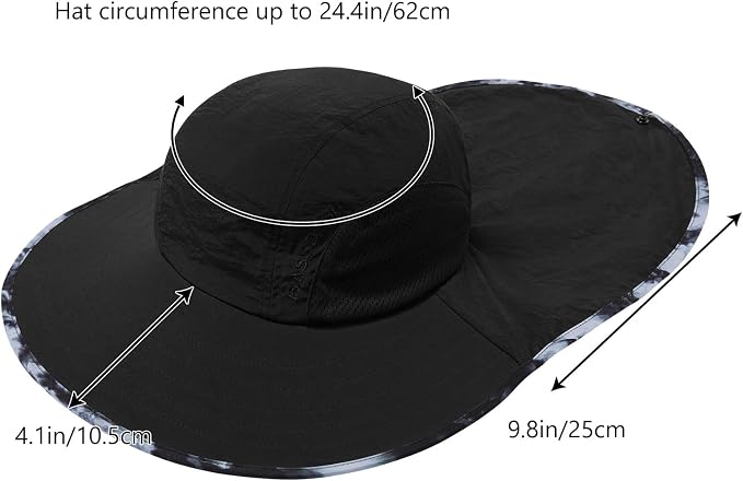 BASSDASH UPF 50+ Unisex Water Resistant Wide Brim Sun Hat with Large Neck Flap Ponytail Fishing Hat for Men Women
