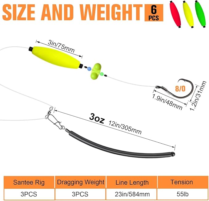 Dovesun 6PCS Catfish Rigs Kit Santee Rig with Catfish Float Rattler Dragging Weights Catfishing Tackle Circle Hook Size 5/0 8/0 Weight Size 2OZ/3OZ/4OZ