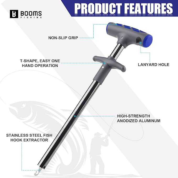 Booms Fishing Hook Remover Tool: 9.6" Squeeze-Out Fish Dehooker for Saltwater and Freshwater, Quick Release Aluminium Fish Hook Extractor with Lanyard, Fishing Tools for Men, XW20