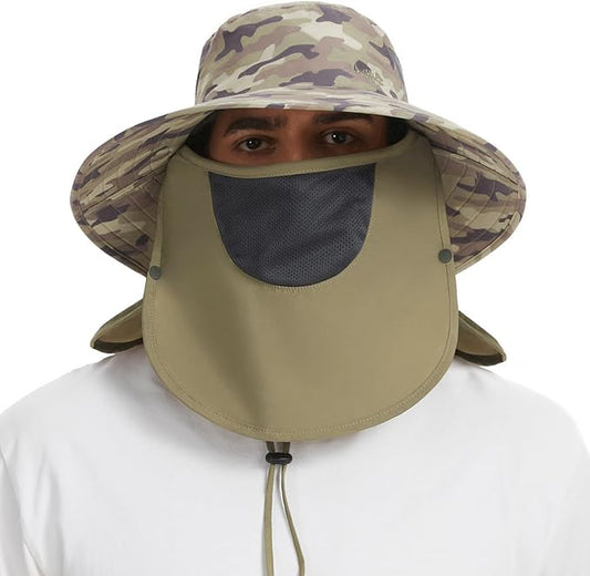 BASSDASH UPF 50+ Breathable Sun Hat with Removable Face Cover and Neck Flap Wide Brim Bucket Hat for Fishing Hiking Men Women