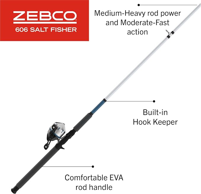 Zebco 606 Salt Fisher Spincast Reel and Fishing Rod Combo, 7-Foot 2-Piece Telescopic Rod, Size 60 Reel, 19-Piece Eagle Claw Tackle Kit