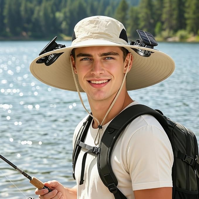Men Sun Hat with 2 Solar Fan UPF 50+ Fishing Hats Wide Brim UV Protection Sun Hat, USB Charging
