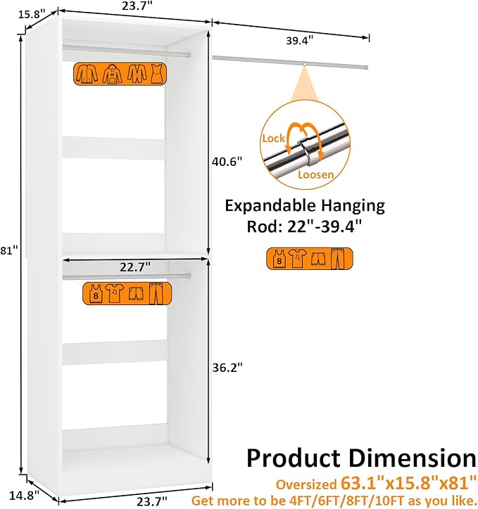 Closet System with 3 Hanging Rods& Shelf , 2FT Small Closet Organizer System Wood with Extra Side Hanging Rod for Walk in Closet Storage, Modular Closet Systems, White(2FT)