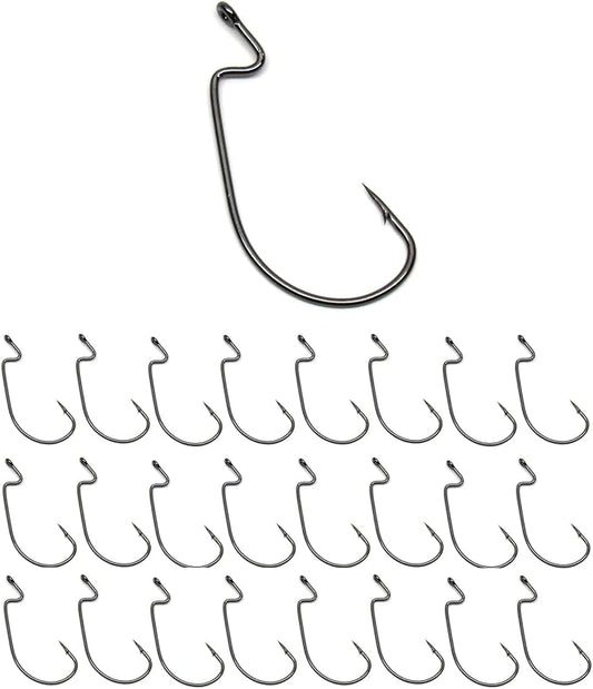 Reaction Tackle Offset EWG Worm Hooks - Super Strong Wide Gap Texas Rig Hooks for Soft Plastic Baits - High Carbon Steel Bass Fishing Hooks (25-Pack)