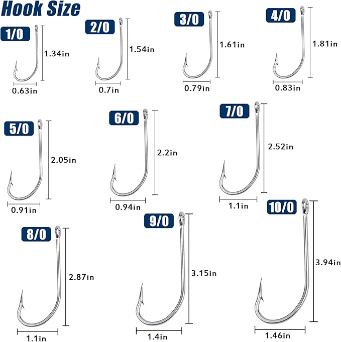 Saltwater Fishing J Hooks O'Shaughnessy Forged Extra Strong Stainless Steel Trolling Sea Bass Striper Snapper Fishing Hooks, Size 1/0-10/0