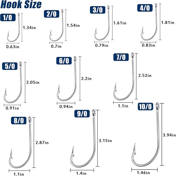 Saltwater Fishing J Hooks O'Shaughnessy Forged Extra Strong Stainless Steel Trolling Sea Bass Striper Snapper Fishing Hooks, Size 1/0-10/0