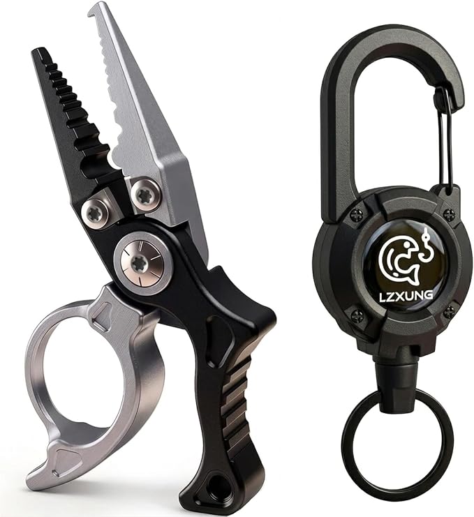 Mini Fishing Pliers with Zinger Retractor, Split Ring Pliers for Saltwater & Freshwater, Tungsten Carbide Braid Cutters & Hook Remover, Compact Multitool for Freshwater Fly Fishing,Bass Fishing
