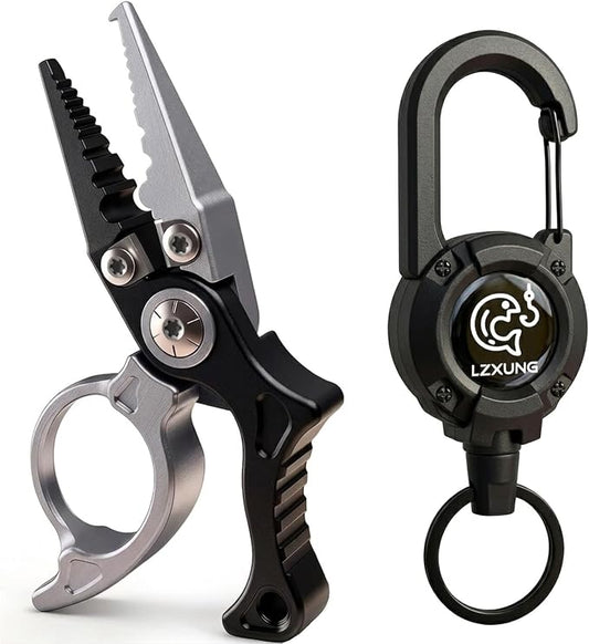 Mini Fishing Pliers with Zinger Retractor, Split Ring Pliers for Saltwater & Freshwater, Tungsten Carbide Braid Cutters & Hook Remover, Compact Multitool for Freshwater Fly Fishing,Bass Fishing