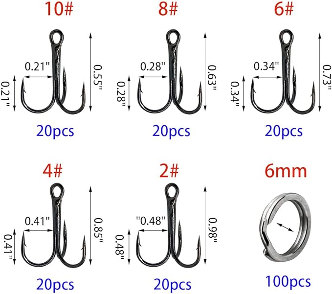200 Pack Fishing Treble Hooks Kit High Carbon Steel Hooks Strong Sharp Round Bend with Split Rings for Lures Baits Saltwater Freshwater Fishing Size 2# 4# 6# 8# 10#