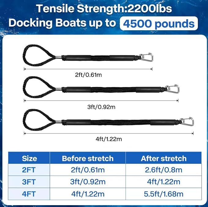 Bungee Dock Lines - Boat Accessories - 4 Feet Shock Cords Docking Rope Mooring Rope for PWC,Jet ski,Pontoon,Kayak,Canoe,Power Boat,Watercraft (Black-Black)