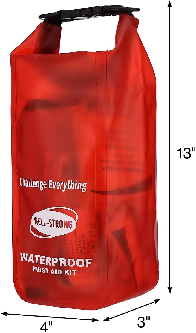 Boat First Aid Kit Waterproof, WELL-STRONG Marine Emergency Kit with Roll Top Dry Bag for Boating Fishing Kayaking – Water-Resistant Contents for Camping & Beach（Transparent Red）