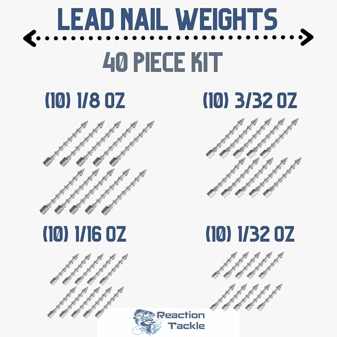 Reaction Tackle Lead Nail Weights for Plastic Worms, Wacky Rig and Neko Rig - Insert Pencil Sinkers for Bass Fishing Soft Plastic Lures - 25-Pack