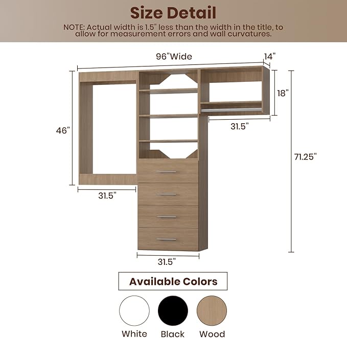 ROOMTEC Modular Closet System, 96" Wall Mounted Closet Organizer with Hanging Rods and Drawers, Modern Wooden Tower for Walk-In Closets, Wardrobe Storage Kit, Wood