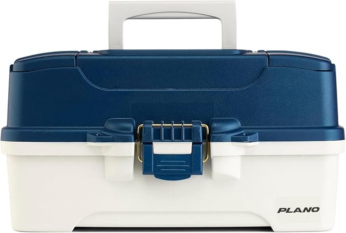 Plano Three-Tray Tackle Box Striper Kit, Blue/Grey, Rust-Proof Brass Latch, Top-Access Tray Compartments with Deep Storage, Made in the USA, Portable Fishing Gear Storage Organizer