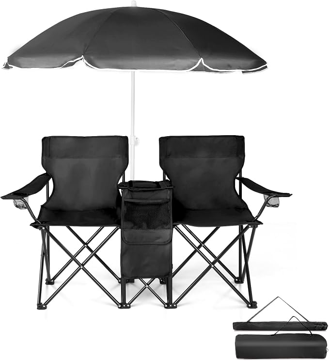 Double Folding Camping Chair with Removable Sun Umbrella and Cooler Bag, 2 Person Portable Picnic Chair for Beach, Patio, Fishing and Tailgating, 600D Oxford Fabric, Black (Black)