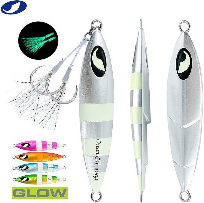 OCEAN CAT Lead Metal Flat Slow Fall Pitch Fishing Jigs Lures Sinking Vertical Jigging Bait with Butterfly Hook for Saltwater Fishing