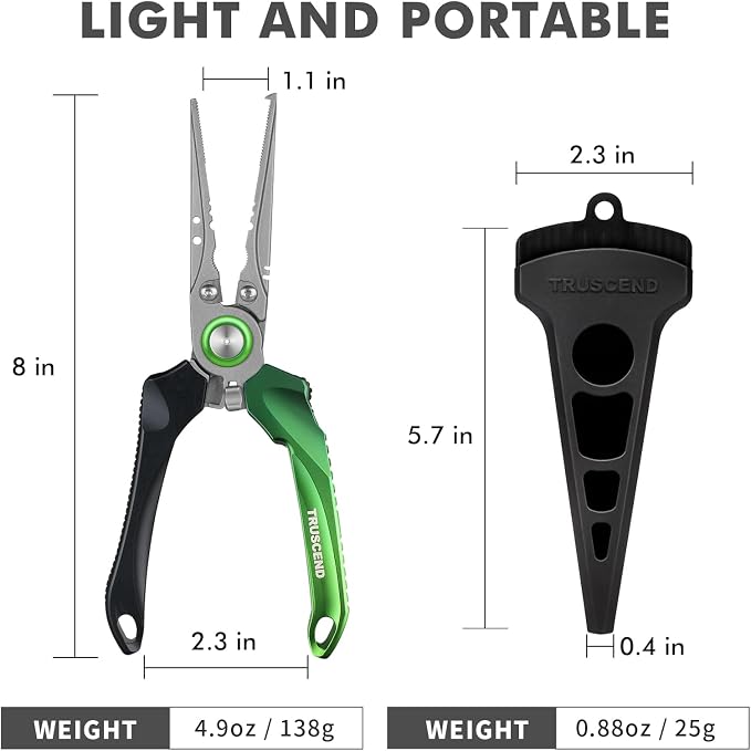 TRUSCEND Easy Use Lockable Fishing Pliers with Tungsten Carbide Cutter, Innovative Ergonomic Handy Handle, Saltwater Corrosion Resistant Teflon Coated Fishing Tool, Light Multi-Function Fishing Gear