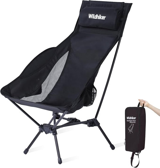 Wildhiker Portable Compact Folding Camping Chairs – Lightweight High Back with Pillow, Deep Recline, ArmPads, Side Pockets-for Motorcycle, RV, Backpacking, Travel, Festival – Black 2PCS