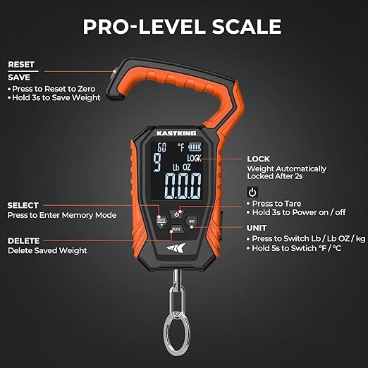 KastKing Weighmaster Mechanical-Digital Fishing Scale with Lip Gripper, 120 lb Capacity, 2.5" Backlit Display, High-Precision Sensor, 9 Weight Memory, Temperature Detection, IPX6 Waterproof